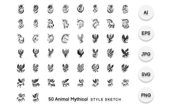 Animal Mythical Element Draw Black: Bold Vector Icons