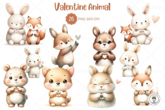 Charming Watercolor Animal Giving Heart Valentine Graphics
