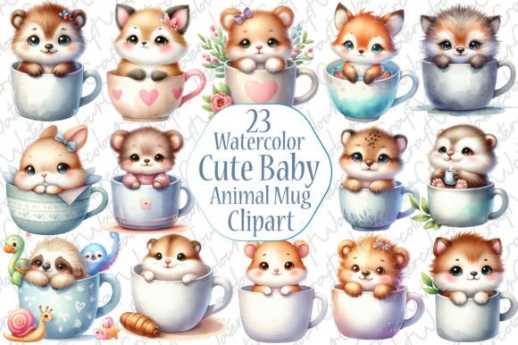 Charming Watercolor Baby Animal Mug Clipart Designs