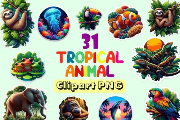 Tropical Animal Stickers: Vibrant Clip Art for Creative Projects