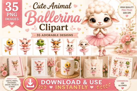 Whimsical Design with 35 Cute Farm Animal Ballerina Clipart